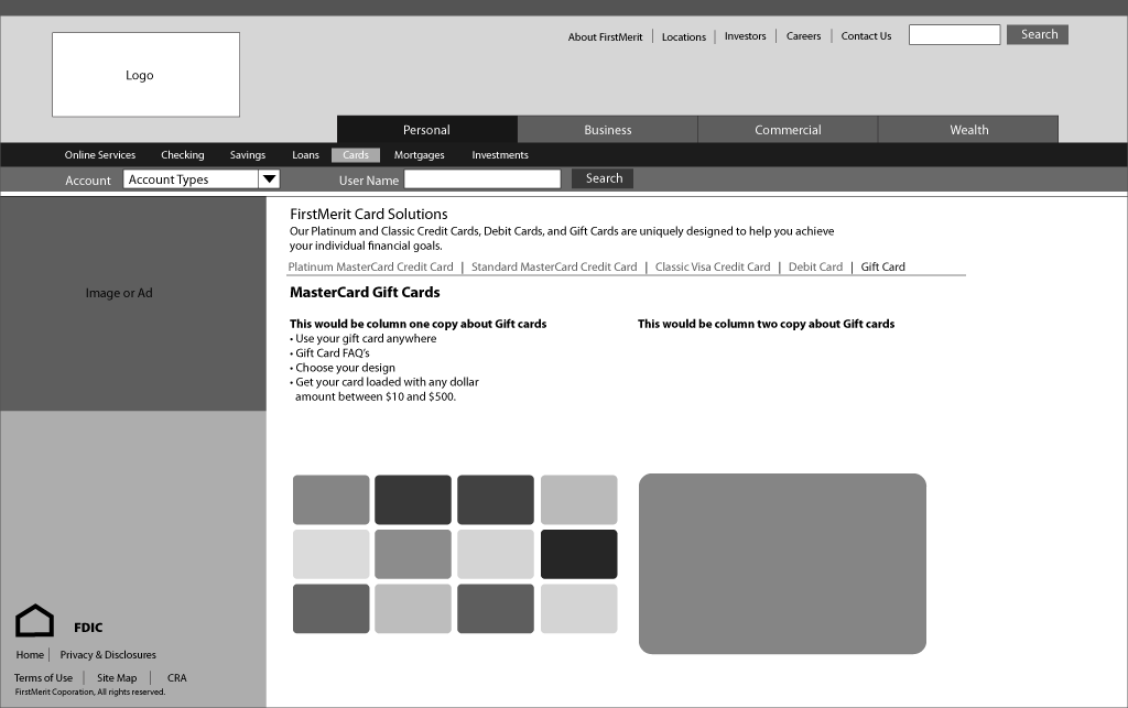 Wireframe of level two pages