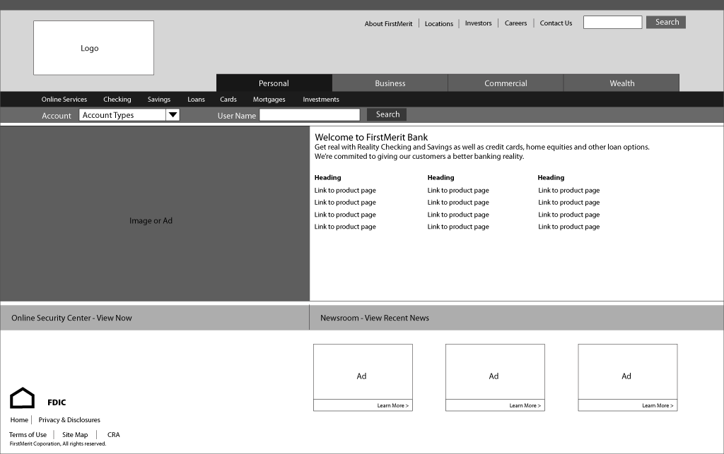 Wireframe of Personal section homepage