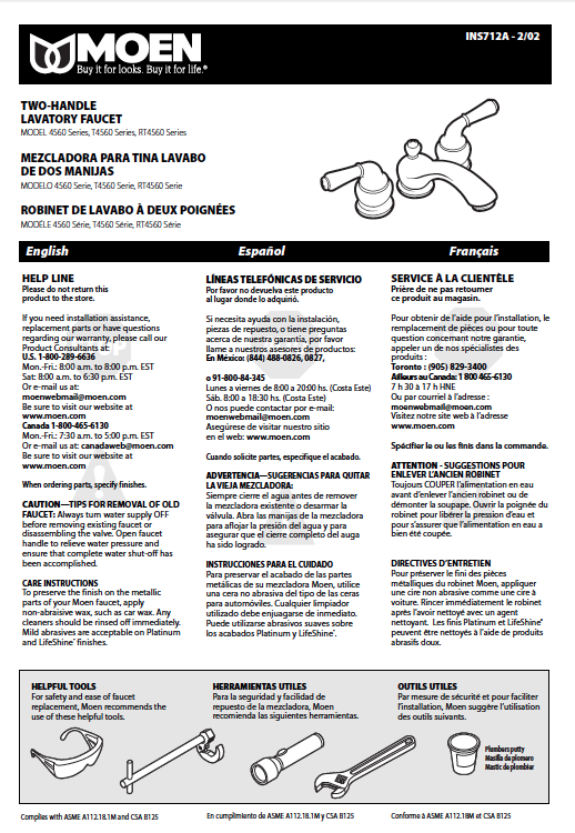 cover of a faucet instruction sheet