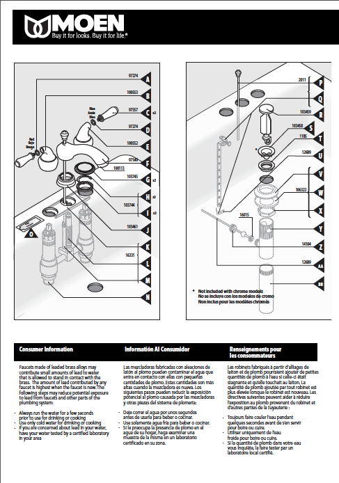 Exploded parts view of a faucet for installation